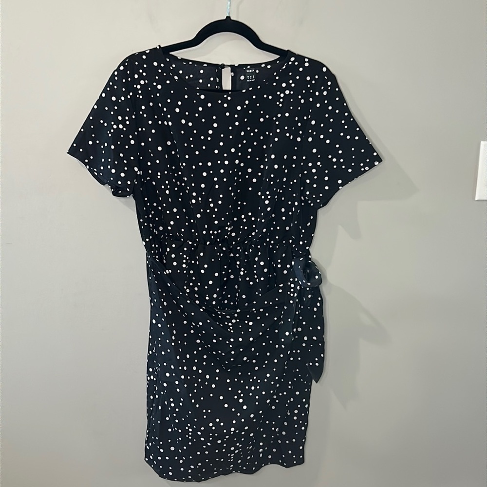 SHEIN Black & White Polka Dot Short Sleeve Faux Wrap Skirt Dress Women's Size XL
